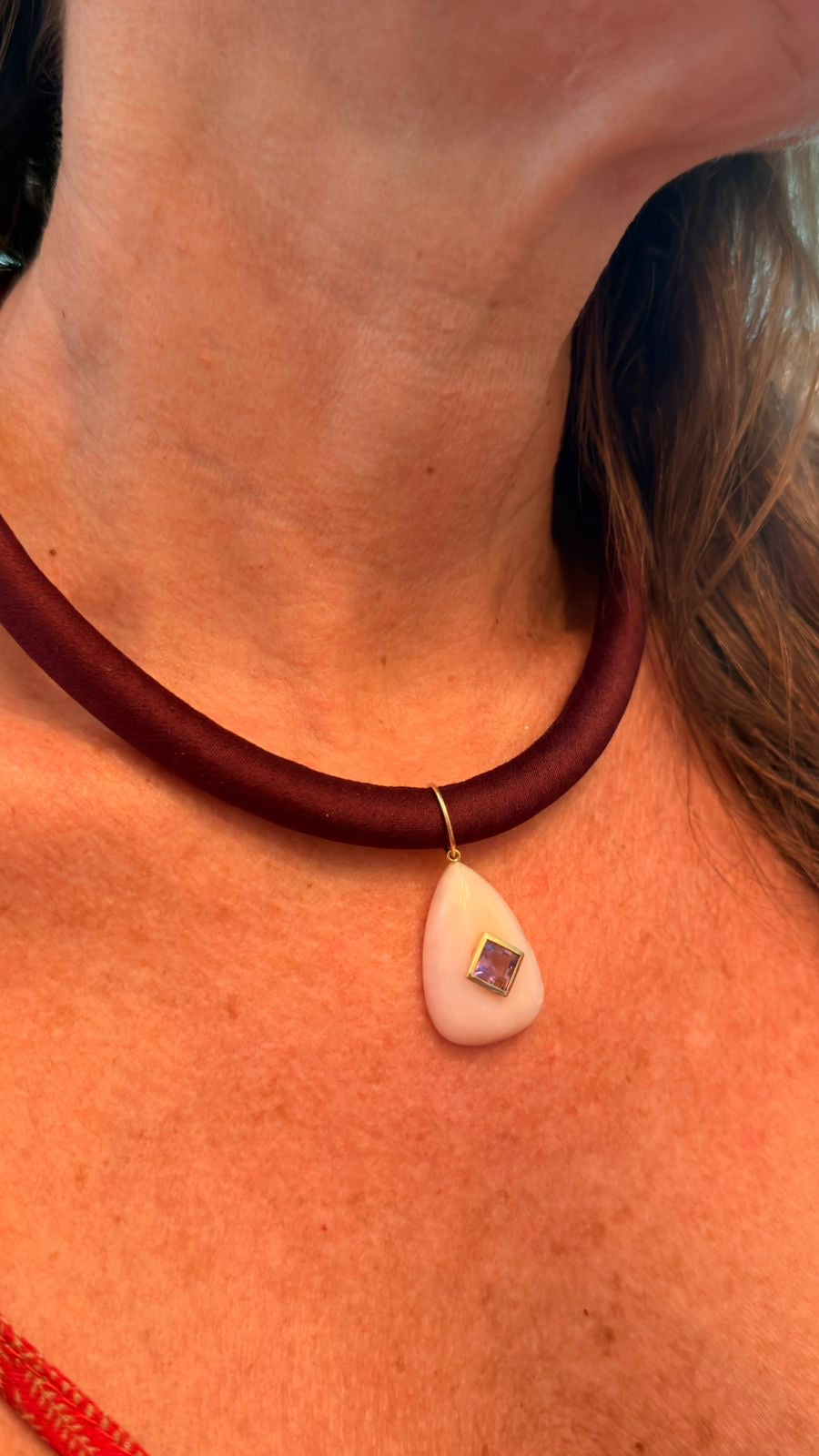 Colar cetim quartzo rosa ouro 18k