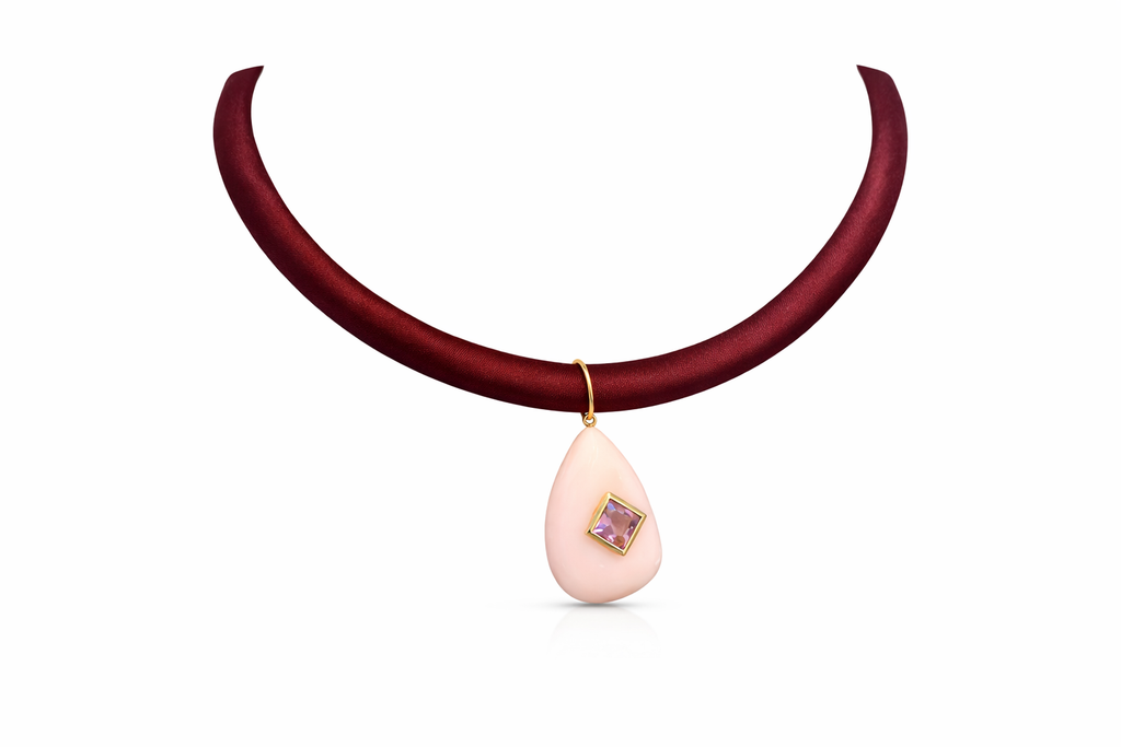 Colar cetim quartzo rosa ouro 18k